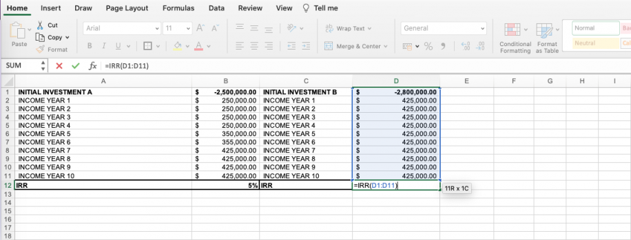 How do I calculate IRR in Excel Investment B IRR